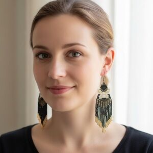 Black and Gold Bow Pattern Beaded Tassel Earrings. New.